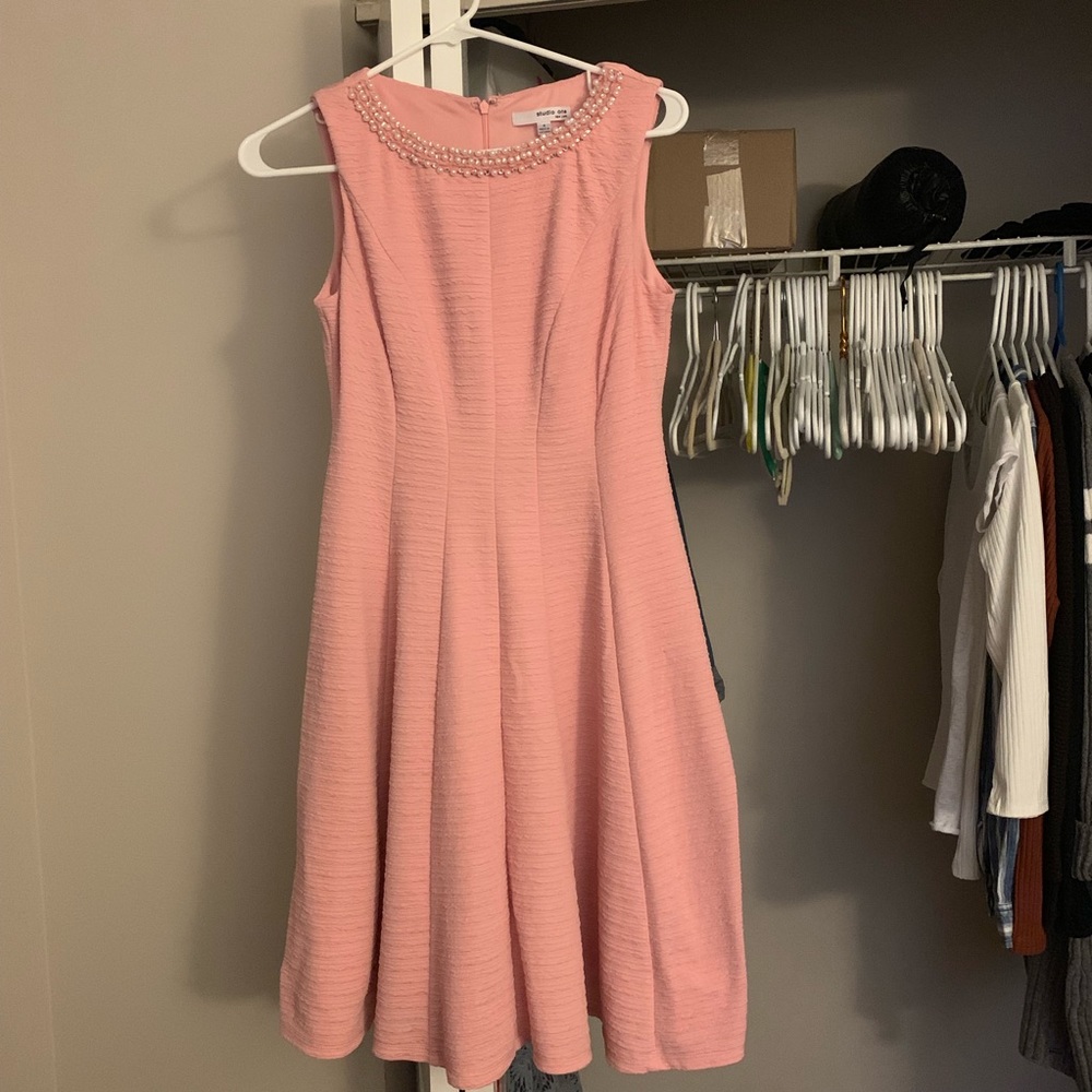 Studio One sleeveless pink dress with gem neckline